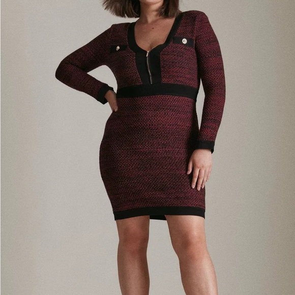 Karen Millen Curve Tweed Knit Zip Front Dress in Carbernet Size XXXL NEW Bodycon